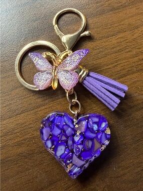 Purple Butterfly & Heart Tassel Bag Charm & Keychain - Purple NWOT